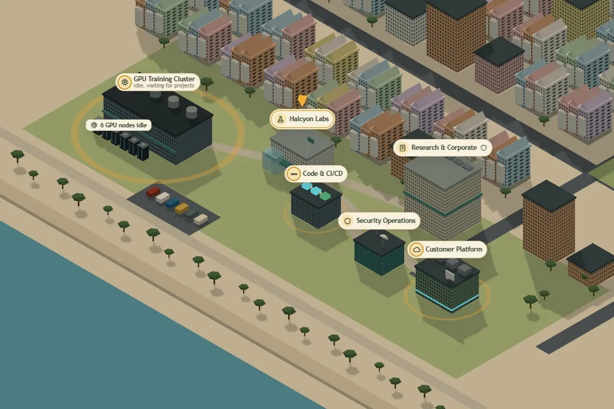 Halcyon Labs' campus in San Francisco: the GPU cluster, CI/CD, the security operations centre and painted Victorian streets, as they appear in the game