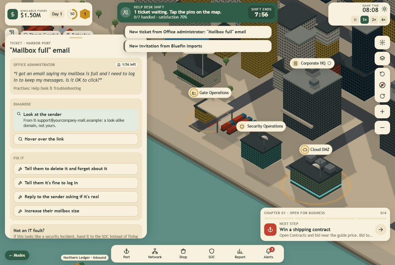 A help desk shift in the game: a ticket about a suspicious mailbox-full email, with checks to run, fixes to choose and an escalate-to-SOC button